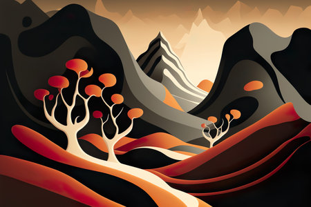 Surreal modern mountain landscape. Advertising design. Trend minimalism black orange color. Generated AIの写真素材