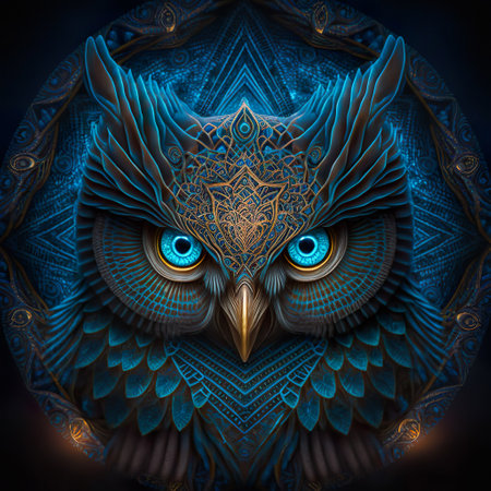 Totemic Mascot Blue Owl. Ethnic AI illustration in Boho styleの素材