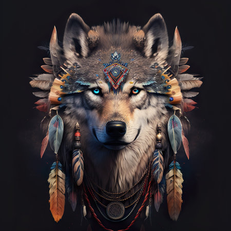 Portrait of a wolf with a headdress of feathers and beads.の素材