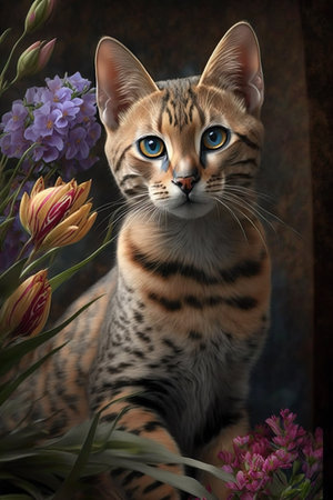 Cute cat with flower wreath. Digital oil painting for greeting cards, banners, gifts kid art. Pet painting series.の素材
