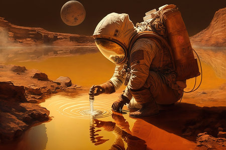 Astronaut around the crater with water.の素材