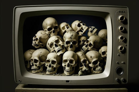 Horror scary movie concept. Human Skull skeleton on screen of vintage tv in haunted house.の素材