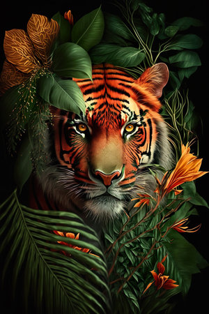 Tiger in Tropic Flowers. Digital art. Abstract Animal Wallpaper AIの素材