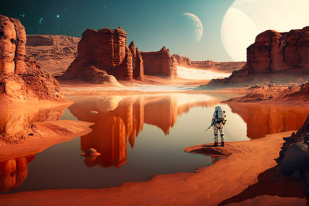 Astronaut around the crater with water. Red Planet Marsの素材