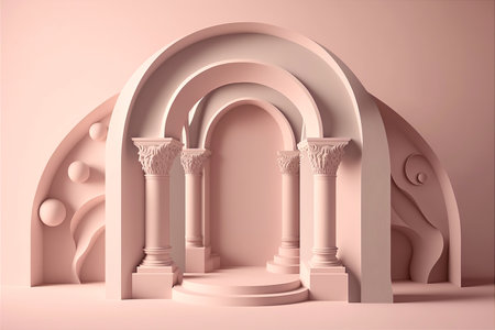 Arch, Product display, empty podium, vacant pedestal, round stage. Blank poster mockup with copy spaceの写真素材