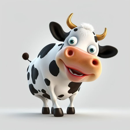 Cartoon cute Happy Cow, golden horns, greeting card with charming on white background. Generative AIの写真素材