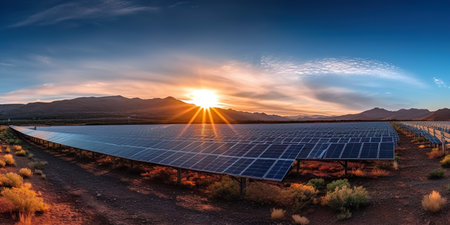 Solar power station in the mountain region, sunset. Green energy, clean solution. Generative AIの写真素材