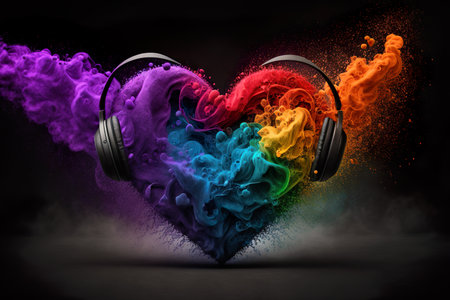 Rainbow Heart with headphones. Healing With Music and Music Therapy Concept.の素材