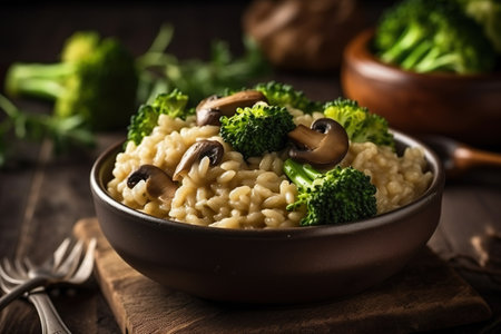 Vegan Food, Rice Risotto with mushrooms and broccoli, generative aiの素材