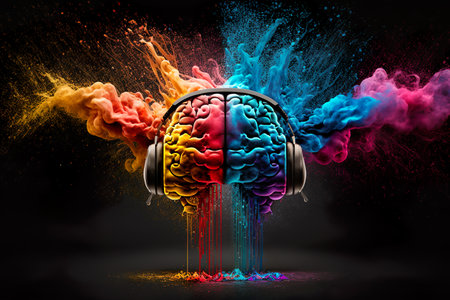 Brain, headphones, colorful powder paint explosion. Music Therapy Concept.の素材