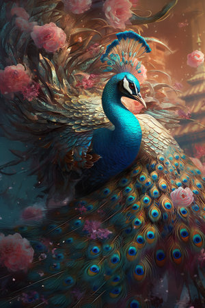 Peacock on flowers beautiful background. Luxury Generative AIの素材