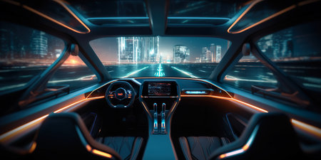 Driving car at night, futuristic car at night city. Generative AIの素材