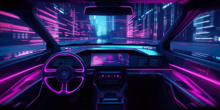 Driving car at night. High speed luxury sedan driving in night city. Futuristic car conceptの素材