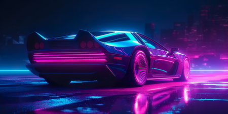 High speed luxury sedan driving in night city. Futuristic car conceptの素材