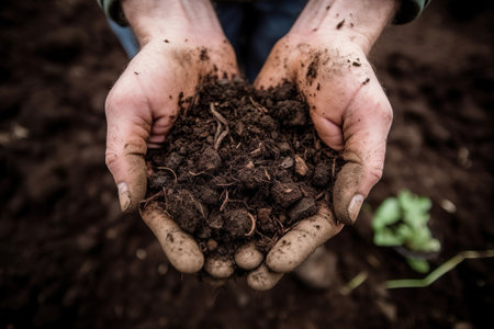 Farmer Working with Soil in Regenerative Agriculture Field, Regenerative Farming Conceptの素材