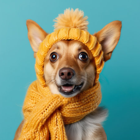 Cute Funny Dog in Yellow Knitted Hat on Blue background. Generative AIの素材