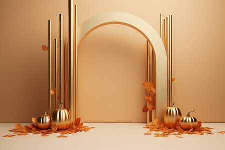 Golden Product podium, Golden Pumpkins. Autumn banner, advertisement mockup for Halloween or Thanksgiving. Generative AIの素材