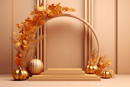 Golden Product podium, Golden Pumpkins on Orange background. Autumn banner, advertisement mockup for Halloween or Thanksgiving. Generative AIの素材