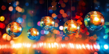 Banner Disco Stars background with disco balls in purple and gold lighting. Generative AIの素材