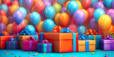 Banner Kids Happy Birthday Colorful balloons, gift boxes. Generative AIの素材