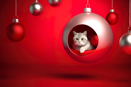 Cute Cat on Cat House Christmas balls. Christmas Eve. Christmas surprises. Products for cats. Generative AIの素材