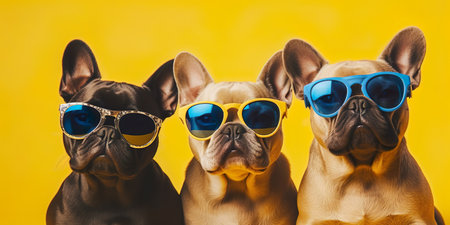 Banner Three 3 French Bulldog dog wearing Sunglasses on yellow background. generative aiの素材