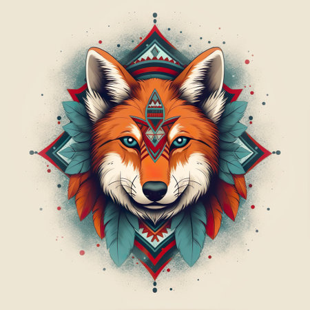 Tribal Fox with red and blue feathers. Ethnic fox illustration. Generative AIの素材