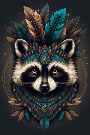 Tribal Raccoon with feathers. Ethnic Raccoon illustration. Generative AIの素材