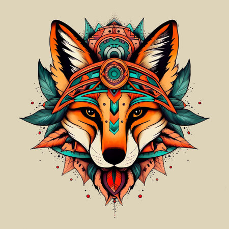 Tribal Fox with red and blue feathers. Ethnic fox illustration. Generative AIの素材