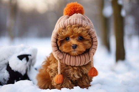 Dog Puppy Maltipoo in knitted hat and scarf on Winter background.の素材