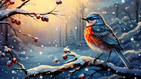 Bird sitting on tree branch. Poster Card illustrationの素材