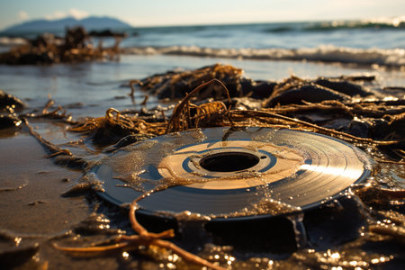 Vinyl records, trash on beach ocean. Problem plastic waste, Marine plastic pollution concept.の素材