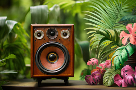Green Retro Audio Speaker, Music column, sub-woofer in forest, Tropical Party Nature, Sustainability Eco musicの素材