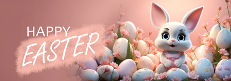 Banner Happy Easter, White Bunny, Pink eggs and flower on meadow, Cartoon styleの素材
