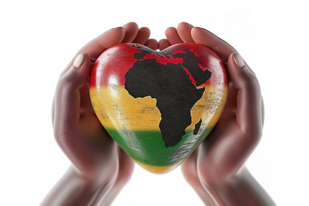 Black History Month banner. Heart Africa in Hands, Africa and afro greeting card.の素材