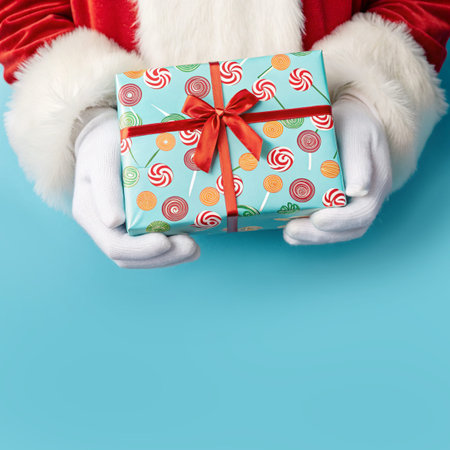 Santa Claus holds in his hand Gift Box with Candy Canes, lollipops pattern on Blue background, Copy Spaceの写真素材