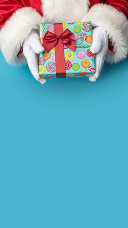 Santa Claus holds in his hand Gift Box with Candy Canes, lollipops pattern on Blue background, Copy Space for textの写真素材
