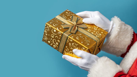 Premium Merry Christmas concept, Top view of Santa Claus hands is holding Golden Gift Box with Gold...