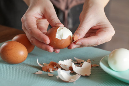Peeling Boiled Eggs. Protein in food, woman peeling shelling boiled egg, prepares ingredient for...