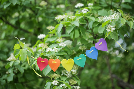 Rainbow Hearts LGBT. Colorful Paper Heart Garland Hanging Outdoors in Spring. Pride Month. Love, human rights, toleranceの写真素材