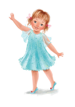 Cute smiling little girl in a beautiful blue dress on a white background. Hand-painted lovely baby with red hair. Nice illustration for t-shirts, posters, birthday. Ideal for printing and card making.の写真素材