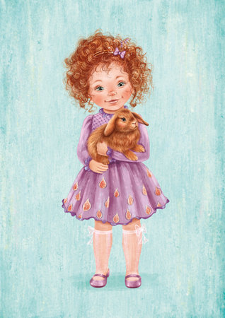 Curly cute girl with the rabbit character. background canvas textureの写真素材