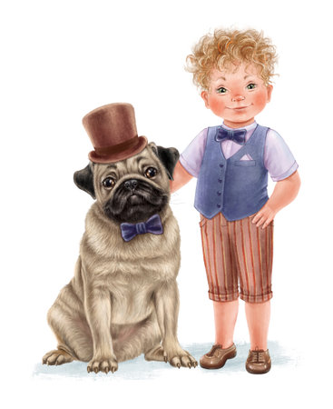 Cute little boy with the dog pug character. Boy in bow tie, pug dog in bow tie and hat. Good for print, postcards, posters.の写真素材