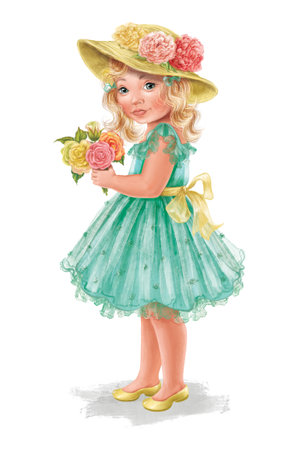 Cute little girl with blond hair in a hat. With a bouquet of roses. Good for print, postcards, postersの写真素材
