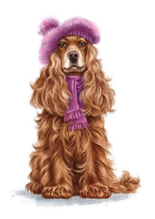 Cute English cocker spaniel dog in a fluffy lilac hat and scarf. Good for print, postcards, postersの写真素材