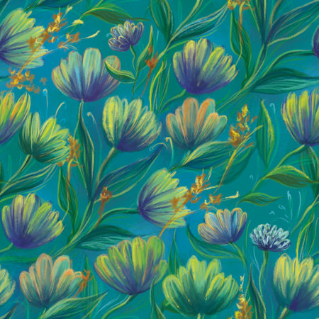 Seamless pattern with flowers and leaves. Oil painting floral digital pattern. Floral background for wallpaper, web pages, textiles, and fabric design.の写真素材