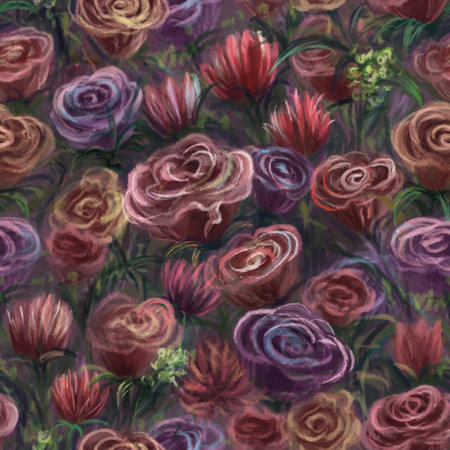 Seamless pattern with rose flowers and leaves. Oil painting floral digital pattern. Floral background for wallpaper, web pages, textiles, and fabric design.の写真素材