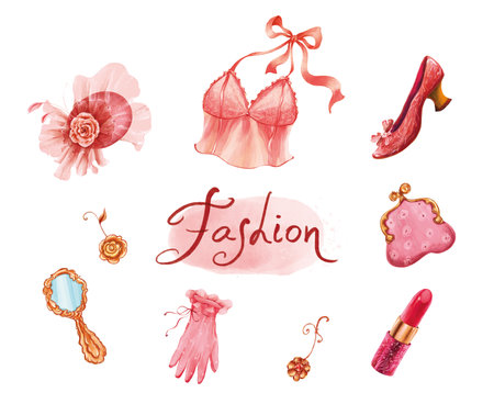 Fashion illustration set of trendy clothes and accessories in peach, pink and gold colors. Paris style. Women's hat, corset, lipstick, shoe, purse. Design for patterns, website, cards, holidays, printの写真素材