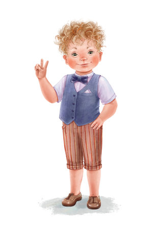 The cute smiling little boy in the vest, bow tie, and capri pants. Child showing victory sign. Hand-painted beautiful blond kid with curly hair on a white background. Ideal for printing and card.の写真素材