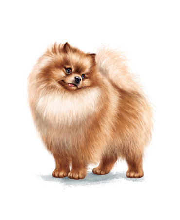 Cute pomeranian dog. Funny spitz showing tongue. Hand-drawn illustration of the handsome puppy on white background. Good for t-shirts, posters, birthday. Ideal for printing and card making.の写真素材